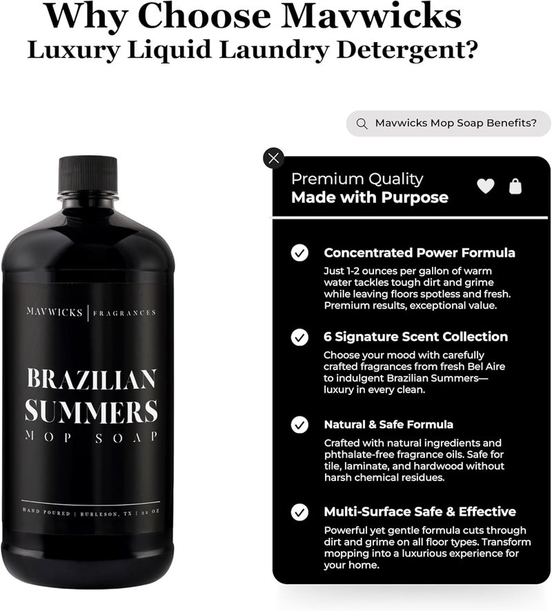 Mavwicks Fragrances - Luxury Mop Soap (Brazilian Summers) 32 Oz – Brazilian Summers Scented Floor Cleaner for Mopping – Pet Safe, Best Smelling Mop Detergent for All Surfaces - Image 1